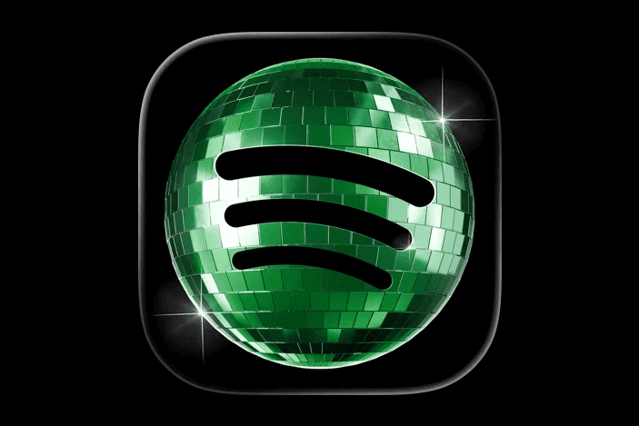 Spotify lanza una inesperada actualización de su logotipo, ahora con una bola de discoteca verde brillante.