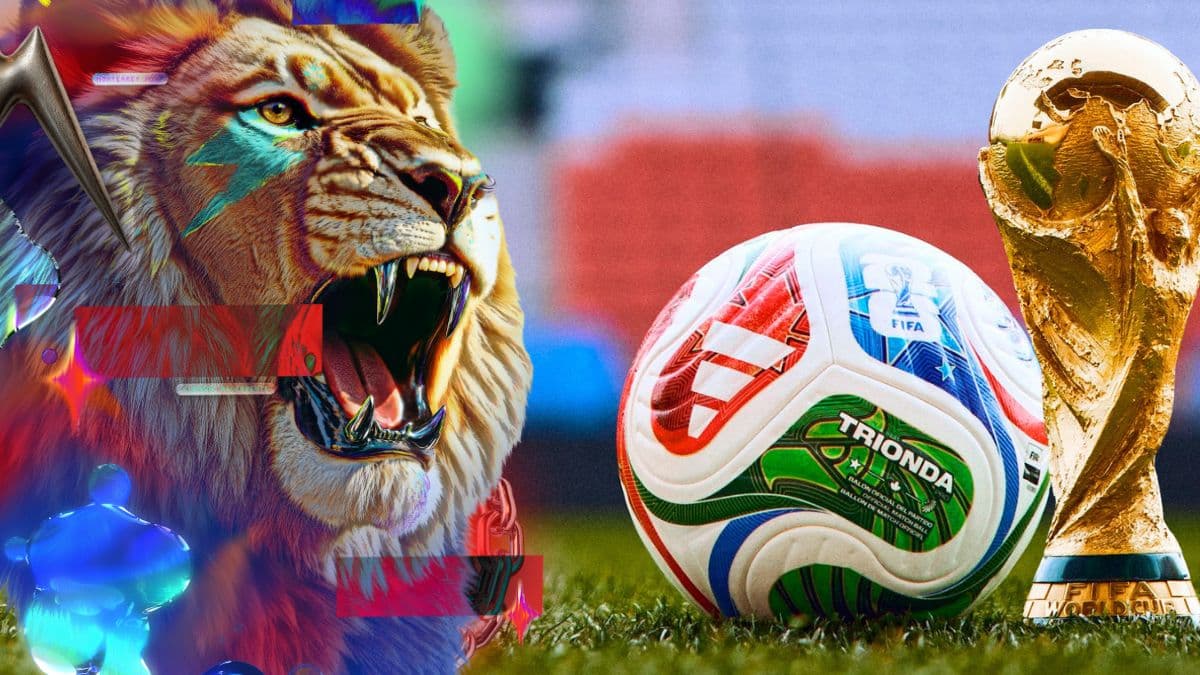 Leon del tecate pal norte junto a un balon y la copa fifa