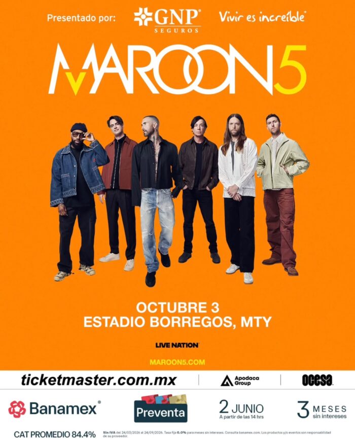 Flyer oficial de Maroon 5 en el Estadio Borregos de Monterrey el 3 de octubre. Los seis integrantes de la banda posan sobre fondo naranja. Preventa Banamex el 2 de junio.