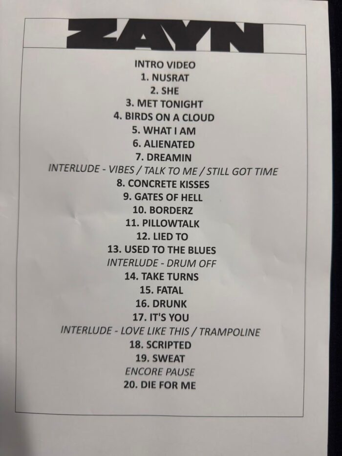 Setlist ZAYN en Monterrey, Estadio Borregos.